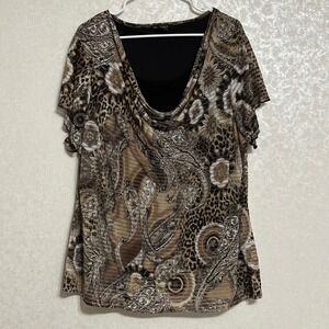 Susan Lawrence 2X Brown Paisley Leopard Print‎ Cowl Neck Blouse Flutter Sleeve
